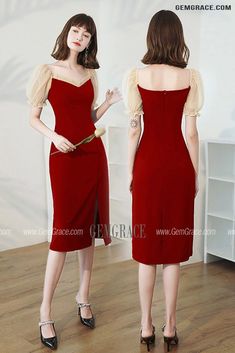 10% off now|Free shipping world-wide. Sheath Burgundy Red Wedding Party Dress with Bubble Sleeves at GemGrace. Click to learn our pro custom-made service for wedding dress, formal dress. View #WeddingGuestDresses for more ideas. Fitted Burgundy Dress For Banquet, Fitted Burgundy Dress With Sweetheart Neckline, Elegant Puff Sleeve Dresses For Prom, Elegant Burgundy Evening Dress With Sweetheart Neckline, Red Fitted Evening Dress For Wedding Guest, Red Fitted Dress For Wedding Guest, Fitted Puff Sleeve Prom Dress, Fitted Puff Sleeve Dress For Prom Season, Red Wedding Party