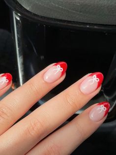 Nail Inspo Red And White, French Tip With Bow Design, Gingham French Tip Nails, Red French Tip With Bow, Bow French Tip Nails, Cute Red Nail Designs, Gameday Nails, Nails For December, Camp Nails