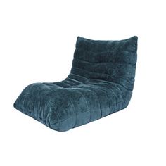 a blue bean bag chair sitting on top of a white floor