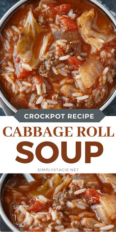 cabbage roll soup in a white bowl with text overlay