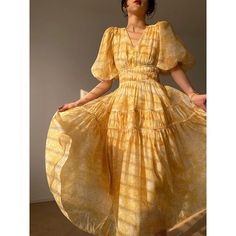 Olivia Mark - Belted Design Midi Dress with Waist Emphasis Yellow Ruched Maxi Dress For Spring, Spring Yellow Ruched Maxi Dress, Waist Emphasis, France Dress, Party Long Dress, Vintage Print Dress, Sleeves Clothing, Vestidos Vintage, Silk Maxi Dress