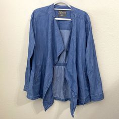 Natural Reflections Jacket Womens Medium Chambray Denim Open Front New Stretch Medium Wash Long Sleeve Outerwear, Stretch Denim Blue Long Sleeve Outerwear, Medium Wash Cotton Outerwear For Layering, Cotton Outerwear For Layering In Medium Wash, Light Indigo Long Sleeve Outerwear For Spring, Denim Blue Cotton Outerwear For Layering, Stretch Cotton Outerwear In Medium Wash, Blue Stretch Cotton Outerwear, Hoodie Flannel