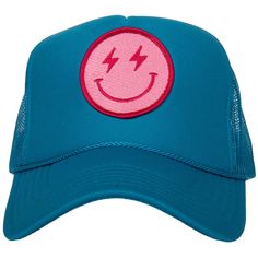 Hot Pink Lightning Happy Face Foam Trucker Hat (All Black) Fiddler Hat, Pink Lightning, Green Fur, Pink Cowgirl, Mesh Netting, Glitter Earrings, Panel Hat, Embroidered Heart, Cloche Hat