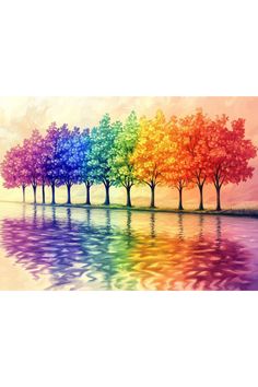 a painting of colorful trees reflecting in the water