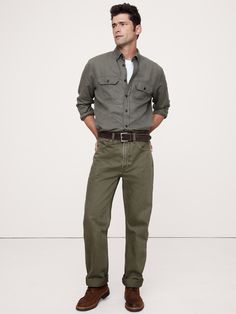 These vintage-inspired jeans are cut from a 13. 25oz-denim we love for its subtle stretch, all-season weight, and its ability to achieve rich, dimensional washes.  Here, we added a garment dye finish to add a color-washed effect and extra softness.  Authentic Straight Fit: More relaxed than our Straight fit.  Mid-rise.  Straight fit though hip, thigh, and leg.  17" leg opening.  Organic: Made with 20% certified, organically grown cotton that's easier on the earth.  Zip fly with button closure. Mens Business Casual Jeans, Green Pants Men, Business Casual Jeans, Dye Jeans, Green Jeans, Business Casual Men, Mens Fall, Mens Green, Bottom Clothes