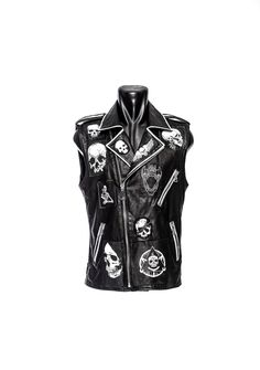 "Black and White Punk Skull Leather Biker Vest A perfectly imperfect black and white patched and hand-painted moto vest. Nothing but skulls. ALL of the skulls. Keeping the high contrast of white on black, we have gone back to our roots with this piece. This vest is proof you CAN have all the thrills, chills and spills with just these two colors. Layer over a hoodie and wear this magnificent piece all year round. Lets do this. Each Dust + Beau jacket comes complete with a branded hanger and a thi Edgy Black Biker Jacket For Halloween, Punk Style Black Biker Jacket For Halloween, Black Rockabilly Biker Jacket For Biker Events, Black Biker Jacket For Halloween Streetwear, Halloween Biker Jacket For Biker Events, Black Rocker Style Vest For Streetwear, Black Rocker Biker Jacket For Halloween, Alternative Black Biker Jacket For Halloween, Edgy Biker Jacket For Halloween And Biker Events