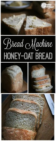 bread machine honey - oat bread is cut into slices and placed on a cutting board