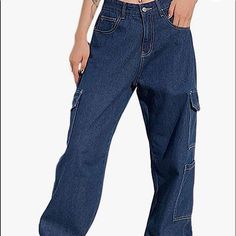 High Waist Wide Leg Straight Jeans With Multi Pockets Baggy Streetwear Denim. Jeans Have A Zip And Button Closure, Two Side Pockets On The Left Leg And On One Side Pocket On The Right. It Also Has 3 Pockets In The Front And Two In The Back. Blue High-waist Y2k Cargo Jeans, Denim Blue Jeans With Pockets For Streetwear, Casual Blue Pants With Flap Pockets, Y2k High-waist Cargo Jeans With Side Pockets, Blue Y2k Style Cargo Pants With Pockets, Y2k Style Baggy Jeans With Pockets, Denim Blue Bottoms With Flap Pockets For Streetwear, Denim Blue Flap Pockets Bottoms For Streetwear, Y2k Medium Wash Jeans With Cargo Pockets