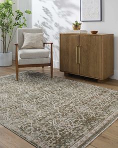 a living room area with a chair, rug and potted plant on the floor