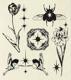 some black and white drawings of flowers and bugs