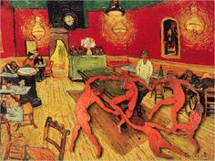 a painting of people dancing in a room with red walls and wooden floors, while others are seated at tables