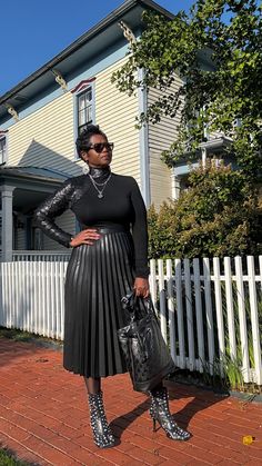 Pleated leather skirt with elastic waist band Pleated Leather Skirt Outfit, Long Leather Skirt Outfit, Faux Leather Skirt Outfit, Pleated Skirt And Sweater, Pleated Leather Skirt, Cogic Fashion, Satin Pleated Skirt, Long Leather Skirt, Leather Skirt Outfit