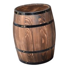 a wooden barrel sitting on top of a white surface with black straps around the bottom