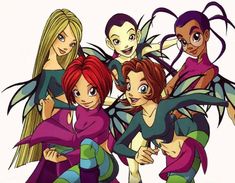 four cartoon girls with different hair colors and wings on their backs, one girl has her arms around the other's shoulders