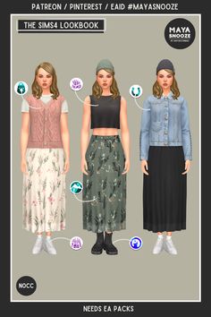 the simsa lookbook features three different outfits, including two skirts and one crop top