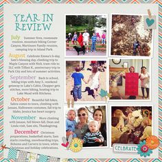 a scrapbook page with pictures of people and children in the background, including an image of a child's first birthday