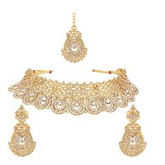 PRICES MAY VARY. Please confirm the size using model image and size dimensions. Classic designer choker necklace earring set, Content: a) 1 Choker Necklace Inner Circumference : 8.5 Inch (21.59 cm), with an adjustable soft tassel closure b) A pair of Earrings L x W: 2.2" Inch x 1.2" Inch (5.5 cm x 3.0 cm), & c) Mang tikka L x W: 4.9" Inch x 1.2" Inch(12.4 cm x 3.0 cm), Metal: Alloy. Golden rhodium plated crystal non flexible, fixed style choker necklace set. Embellished with austrian diamond sto Head Chain Wedding, Gemstone Choker Necklace, Bollywood Bridal, Choker Designs, Choker Collar Necklace, Bridal Necklace Set, Rhinestone Choker Necklace, Crystal Choker Necklace, Crystal Jewelry Sets