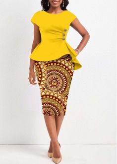 Color:Yellow;Size:XXL;Package Contents:1 X Dress;Occasion:Other;Style:Casual; Peplum Designs, Dress Ankara, Formal Wear Women, Short Sleeve Bodycon Dress, Ankara Dress, Neck Bodycon Dress, African Design Dresses, Latest African Fashion Dresses, African Wear