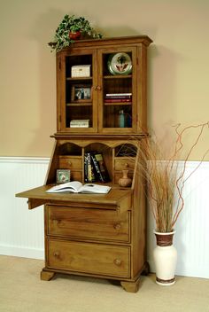 a wooden desk with a book shelf next to it and a potted plant on the floor