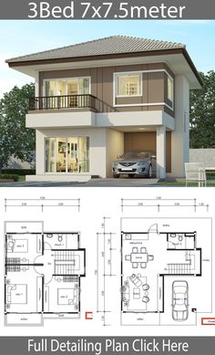 two story house plan with 3 beds and 7 meters from the front, three levels to the