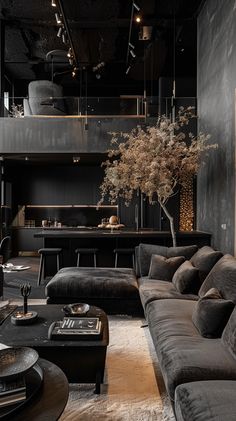 a living room filled with furniture and a tree in the middle of it's center