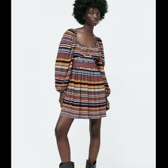 Nwt Zara Women Pleated Dress Medium Striped Brown Elastic Sleeve Cuff Bohemian Striped Fitted Dress, Bohemian Fitted Striped Dress, Fitted Bohemian Striped Dress, Zara Multicolor Midi Dress For Fall, Zara Multicolor Mini Dress For Fall, Skirt Swimsuit, Swimsuit With Shorts, Sleeve Cuff, Dress Medium