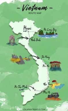 the vietnam route map is shown in green and white, with several destinations marked on it