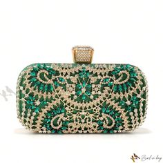 Bird in Bag - Elegant Rhinestone Clutch Evening Bag Green Embellished Rectangular Shoulder Bag, Embellished Green Rectangular Shoulder Bag, Chic Green Embellished Bags, Green Embellished Evening Shoulder Bag, Chic Embellished Green Bags, Embellished Green Evening Shoulder Bag, Glamorous Green Clutch Bag, Green Embellished Bag For Events, Glamorous Green Rectangular Clutch