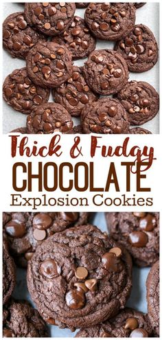 chocolate cookies are stacked on top of each other with the words thick and fudgey chocolate