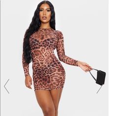 Nwt Brown Leopard Print Mesh Long Sleeve Bodycon Dress Give Your Look A Bold Update With This Statement Dress. Featuring A Brown Leopard Print Material With Long Sleeves And A Figure-Hugging Fit. Style This With Matching Black Lingerie And Strappy Heels For A Look We Are Loving. Length Approx 85cm/33.5 068 Mesh Long Sleeve Bodycon Dress, Statement Dress, Sleeve Bodycon Dress, Pretty Little Thing, Brown Leopard, Mesh Long Sleeve, Long Sleeve Bodycon, Long Sleeve Bodycon Dress, Black Lingerie