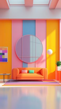 an orange couch sitting in front of a mirror on top of a pink and yellow wall