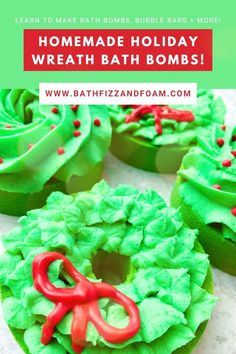 Create stunning, homemade Holiday Wreath Bath Bombs with Bubble Bath Frosting using our easy step-by-step tutorial on the Bath Fizz and Foam blog! Perfect for last-minute gifts or selling to customers. Get creative with green wreaths and spread holiday cheer. Happy Bath Bomb Making! #DIYBathBombs #BubbleBarFrosting #HolidayCrafts