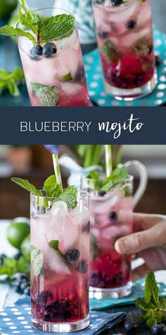 two glasses filled with blueberry mojito and mint garnish on top