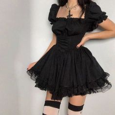 Lolita Black Dress Goth Aesthetic Puff Sleeve High Waist Vintage Bandage Lace Trim Party Gothic Clothes Summer Dress Woman Easy 30 day return policy Black Dress Goth, Lace Ruffle Dress, Lace Trim Shorts, Gothic Clothes, Goth Dress, Lace Outfit, Dress Aesthetic, Vestidos Vintage, Mini Dresses For Women