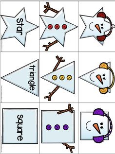 cut and paste shapes to make snowmen with the words, stars, and other objects