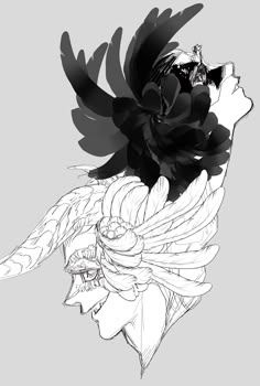 black and white drawing of a flower with wings on it's head, against a gray background