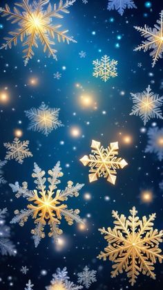 snowflakes are flying through the air on a blue background