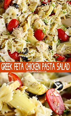 this greek feta chicken pasta salad is loaded with fresh tomatoes, artichokes and olives