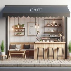 an outdoor cafe with wooden tables and stools