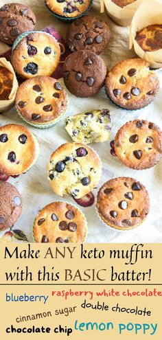 blueberry, raspberry and double chocolate muffins with the text make any keto muffin with this basic batter