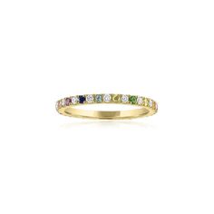 Details: This gorgeous, multicolor Rainbow & Diamond Eternity Band in 14k gold features pavé set color stones alternating with white diamonds all the way around creating an ombré effect. It is delicate and perfect for stacking with your favorite rings or even as an addition to any wedding ring stack. Shop the look: Honeycomb Band, Mini Mini Letter Chain Ring, and Mini Letter Ring Diamonds: 0.25 carats, G color, VS2 clarity Color Stones: Amethysts, Topaz, Ruby, and Sapphires Width: 1.5mm Availabl Elegant 14k Gold Multi-stone Eternity Band, Luxury Yellow Gold Multi-stone Eternity Band, Luxury Multi-stone Yellow Gold Eternity Band, Luxury Yellow Gold Eternity Band With Multi-stone, 14k Gold Multi-stone Eternity Band, Gold Multi-stone Cubic Zirconia Eternity Band, Gold Multi-stone Diamond Eternity Band, Gold Diamond Multi-stone Eternity Band, 14k Yellow Gold Multi-stone Eternity Band