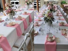 the tables are set with pink and white linens