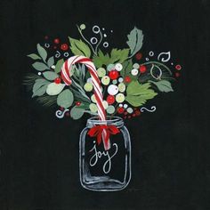 a painting of candy canes and holly in a jar