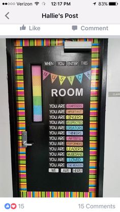 a room door decorated with rainbows and bunting on the outside, which reads when you enter this room