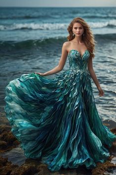 a woman in a blue dress standing on rocks near the ocean