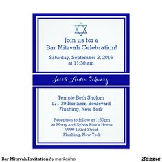 an image of a bar mitzvah celebration card with blue border and star of david on it