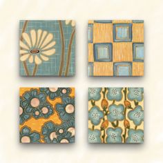 four square tiles with different designs on them