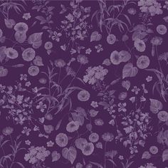 a purple floral wallpaper with many flowers and leaves on the bottom half of it