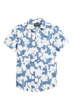 A bold floral print splashes across a handsome cotton sport shirt crafted with a curved hem. 30 1/2" length; 42" chest (size Medium) Front button closure Spread collar Short sleeves 100% cotton Machine wash, line dry Imported Valentino Designer, Bold Floral Print, Rollerball Perfume, Sport Shirt, Fragrance Design, Floral Short, Designer Clothes For Men, Fabric Gifts, Chest Size