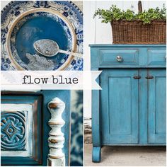 blue painted furniture with the words now blue written in white and above it is an image of a potted plant